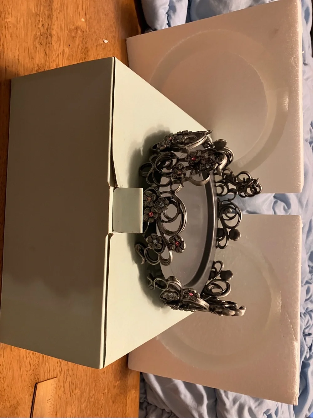 New in box Partylites metal n crystals 8” circle.  3 candle holder
